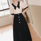 Set: Short-sleeve V-neck Two-tone Blouse + Midi A-line Skirt