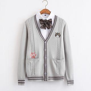 Set: Animal Embroidered Knit Cardigan + Bow Tie