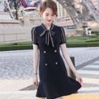 Short-sleeve Striped Double-breasted Sheath Dress