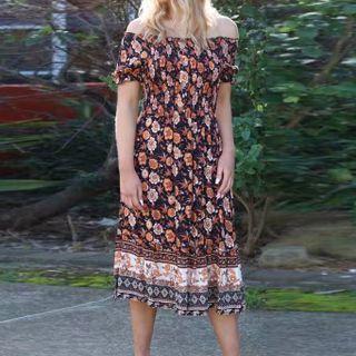 Short-sleeve Off-shoulder Floral Midi Smock Dress