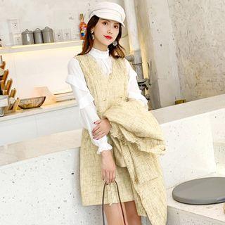 Set: Sleeveless Tweed Mini Shift Dress + Double Breasted Blazer