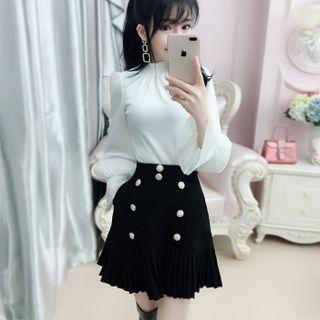 Bishop-sleeve Knit Panel Blouse