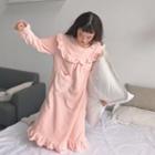 Ruffled Trim Long-sleeve Fleece Nightdress Pink - One Size