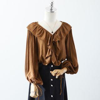 Ruffle Chiffon Blouse / Denim Midi A-line Skirt