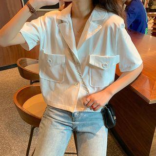 Notch Lapel Short-sleeve Pocket Blouse