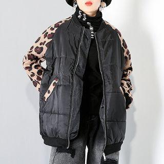 Leopard Print Panel Bomber Jacket Black - One Size