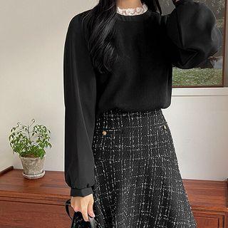Plus Size Lace-trim Napped Blouse