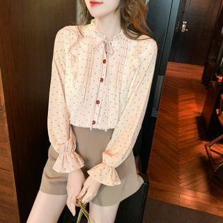 Tie-neck Ruffle Trim Dotted Blouse