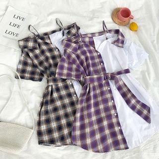 Mock Two-piece Off-shoulder Plaid Dress