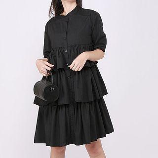 Elbow-sleeve Tiered Shirt Dress