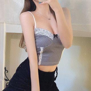 Sleeveless Lace Trim Gingham Crop Top