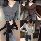 V-neck Tie Waist Long-sleeve T-shirt