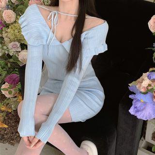 Long-sleeve Frill Trim Knit Mini Bodycon Dress Blue - One Size
