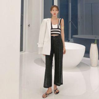 Slit-side Belted Sheer Dress Pants