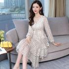 Dotted Long-sleeve Midi Tiered A-line Dress