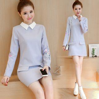 Flower Embroidered Collared Long Sleeve Mini Dress