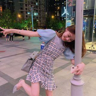 Puff-sleeve Blouse / Spaghetti Strap Plaid Drawstring Dress
