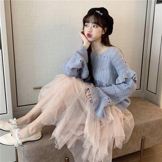 Pointelle Ruffle Long-sleeve Knit Top / Mesh Midi A-line Skirt