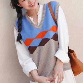 V-neck Color Block Knit Vest As Shown In Figure - One Size