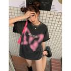 Butterfly Print Distressed Short-sleeve Round-neck Top Black Shirt - One Size