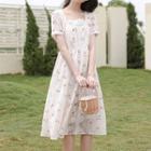 Short-sleeve Square-neck Floral A-line Midi Dress