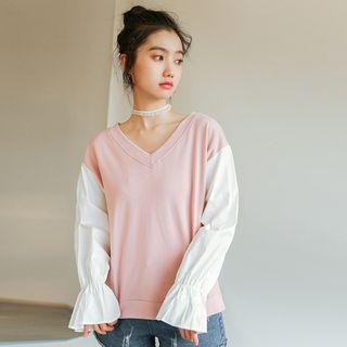 Two-tone V-neck Pullover