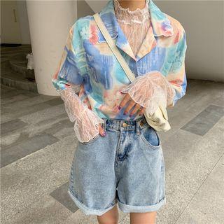 Tie Dye Ruffled Trim Short-sleeve Shirt / Ruffled Lace Long-sleeve Top