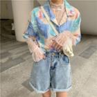 Tie Dye Ruffled Trim Short-sleeve Shirt / Ruffled Lace Long-sleeve Top