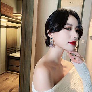 Faux Crystal Petal Fringed Earring 1 Pair - Black Rhinestone - Purple - One Size