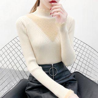 Long-sleeve Mock Neck Furry Panel Knit Top