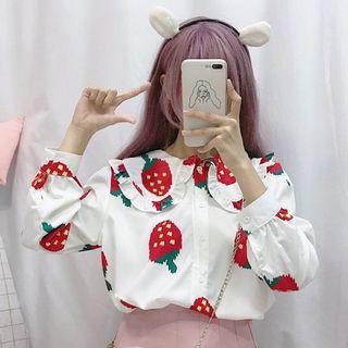 Strawberry Print Ruffle Collar Blouse As Shown In Figure - One Size