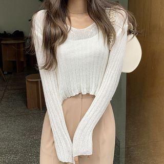 Long-sleeve V-neck Plain Loose Fit Knit Crop Top