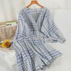 Set: V-neck Plaid Blouse + Wide-leg Shorts