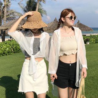 Plaid Wide-strap Shirred Crop Top / See-through Shirt
