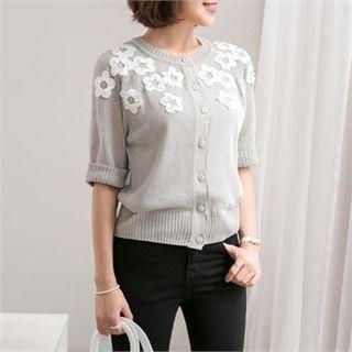 Elbow-sleeve Flower Appliqu  Cardigan
