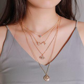 Alloy Rhinestone Moon & Eye Pendant Layered Necklace 01 - 2105 - Kc Gold - One Size