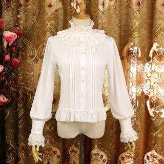 Mock-turtleneck Ruffled Pintuck Blouse