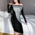 Off-shoulder Color Panel Midi Knit Sheath Dress