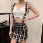 Cropped Tank Top / Plaid Suspender Skirt