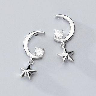 925 Sterling Silver Rhinestone Moon & Star Dangle Earring S925 Silver - 1 Pair - One Size