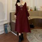 Long-sleeve Ribbon-accent Corduroy Dress