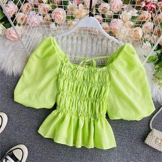 Bow-back Square-neck Smocked Chiffon Blouse