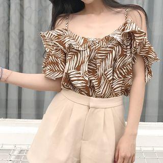 Off-shoulder Leaf Print Short-sleeve Top