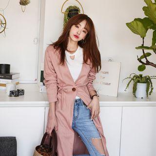 V-neck Buttoned Linen Blend Coat With Sash