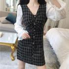 Check Panel V-neck Long-sleeve Dress