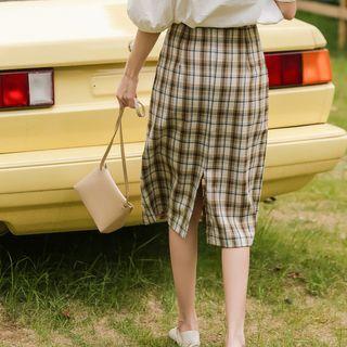 Plaid Slit Midi Straight-fit Skirt