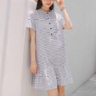Short-sleeve Ruffle-hem Stripe Shirtdress