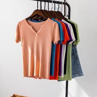 Short-sleeve Frill Trim V-neck Knit Top