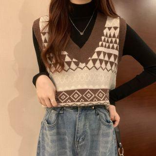 Patterned Sweater Vest / Plain Shirt / Mock-neck Knit Top