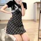 Short-sleeve Plain T-shirt / Plaid Lace Trim Mini Overall Dress